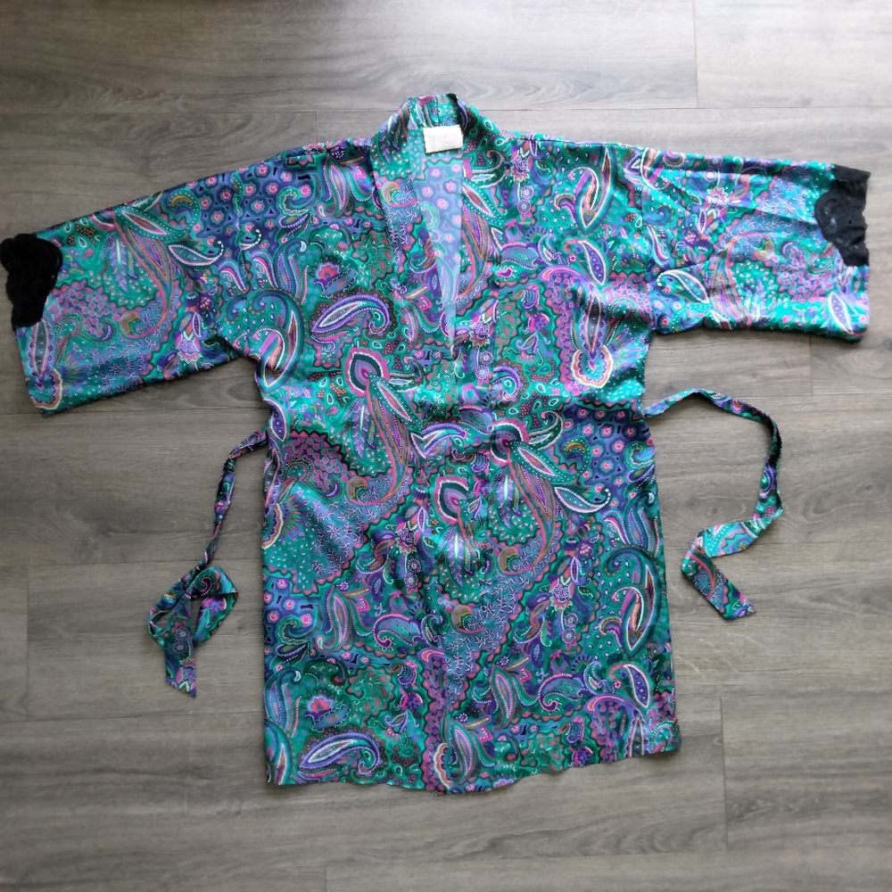 Vintage California Dynasty Satiny Paisley Print Robe With Belt Women's Size S